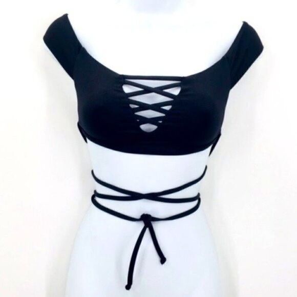 Frankie’s Bikinis black Shiloh off shoulder bikini top small BoxA - Picture 2 of 8